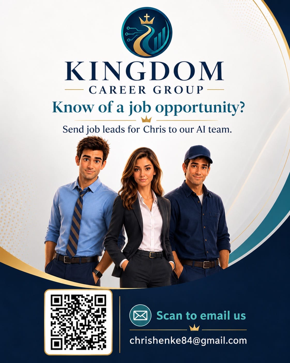 Kingdom Career Group job-lead poster with an email QR code.